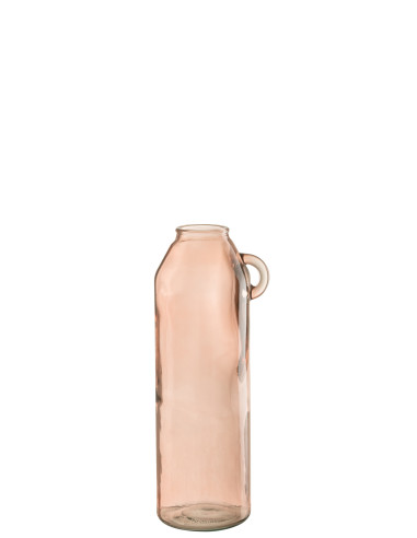 Grand vase en verre cylindrique avec poignée rose clair.