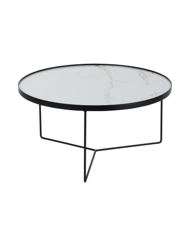 Table basse ronde en MDF/fer noir/blanc marbré