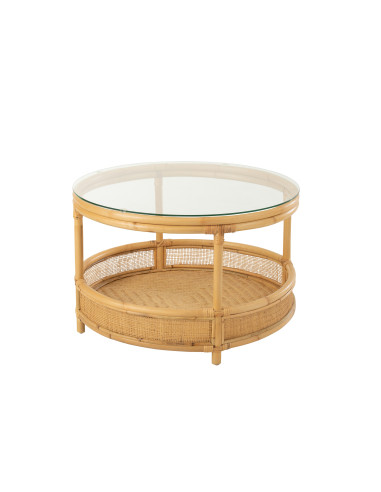 Table basse en rotin Jovelyne + verre naturel