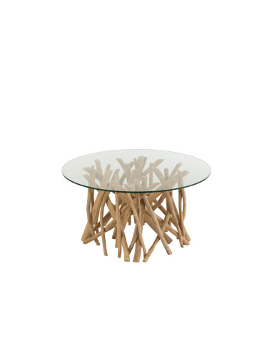 Table basse en branches de teck naturel/verre