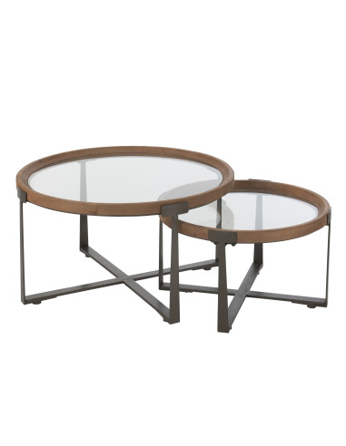 Ensemble de 2 tables basses Luki en verre/bois de sapin naturel/noir