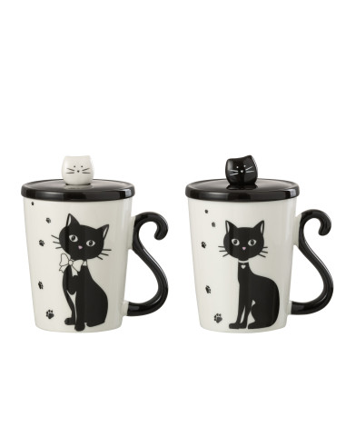 Impression de tasse Chat + Couvercle + Cuillère Porcelaine Blanc / Noir Assortiment de 2J-Line