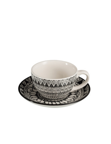 Tasse à café + soucoupe Monochrome Boho en céramique noir/blancJ-Line