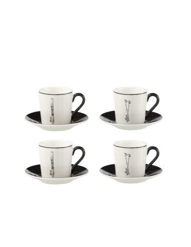 Boîte de 4 tasses à café + soucoupe Windownbox en céramique noir/blanc petitJ-Line