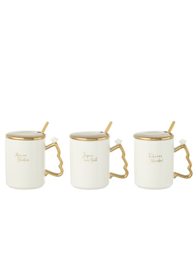 Tasse + Cuillère Noël Céramique Blanc/Or Assortiment De 3J-Line