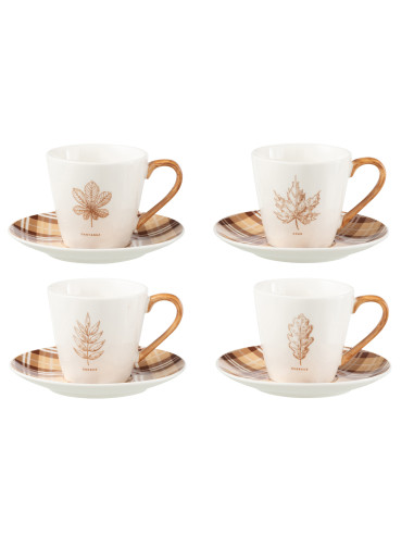 Boîte de 4 tasses à thé + soucoupe Feuille Fenêtre en céramique Marron GrandJ-Line