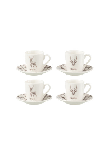 Boîte de 4 tasses à café + soucoupe Renne Windownbox Céramique Blanc/Marron PetitJ-Line