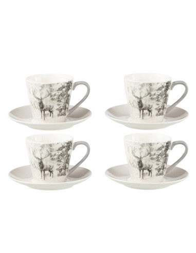 Boîte de 4 tasses à thé + soucoupe Renne Windownbox Céramique Gris GrandJ-Line