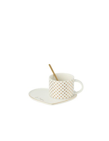 Tasse + Soucoupe + Cuillère Cœur Céramique Blanc/OrJ-Line