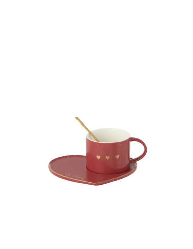 Tasse + Soucoupe + Cuillère 3 Cœurs Céramique RougeJ-Line