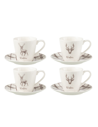 Boîte de 4 tasses à thé + soucoupe Cerf Windownbox en céramique blanc/marron grandJ-Line