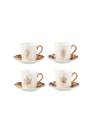 Boîte de 4 tasses à café + soucoupe Feuille Windownbox Céramique Marron PetitJ-Line