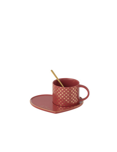 Tasse + Soucoupe + Cuillère Cœur Céramique RougeJ-Line