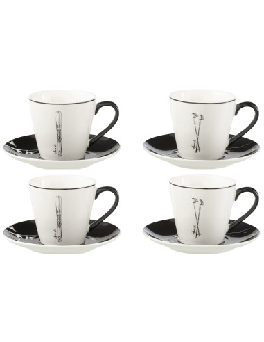 Box Of 4 Tea Cup+Saucer Windownbox Ceranmics Black/White LargeJ-Line