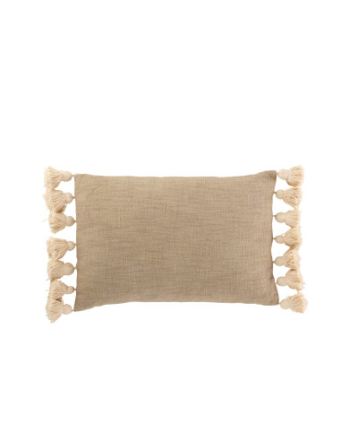 Coussin rectangle en coton polyester taupe avec pompon.J-Line