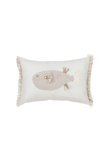 Poisson Coussin + Franges Coton Blanc/TaupeJ-Line