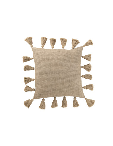 Coussin en coton taupe avec pompons tissés.J-Line