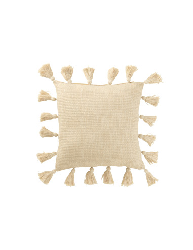 Coussin en coton beige avec des pompons tissés.J-Line