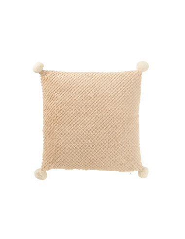 Coussin doux en polyester beige avec pompons.J-Line