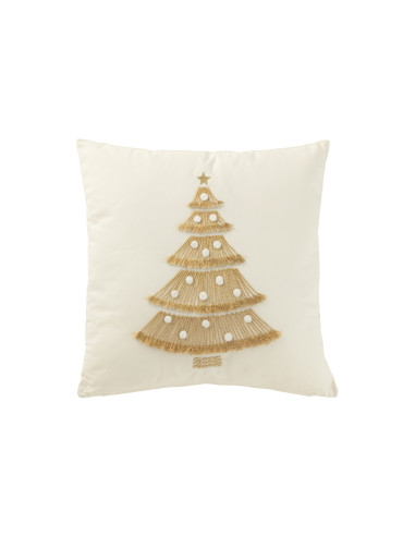 Coussin Sapin de Noël à Franges et Pompons en Coton Blanc/OrJ-Line