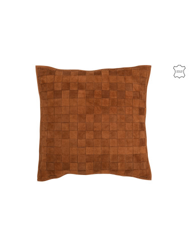 Coussin carré en cuir cognac.J-Line