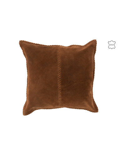 Cousu Coussin Carré en Cuir CognacJ-Line