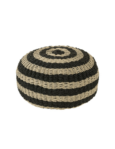 Pouf rond à rayures tissées en plastique noir/naturelJ-Line