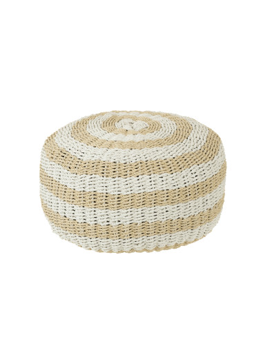 Pouf Rond à Rayures en Plastique Tissé Blanc/NaturelJ-Line