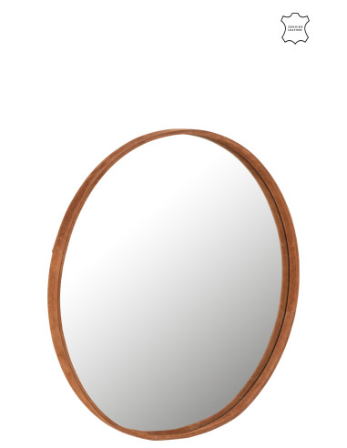 Miroir rond en cuir cognac grandJ-Line